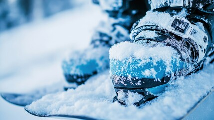 Snowboard Bindings and Boots Close Up in Snow