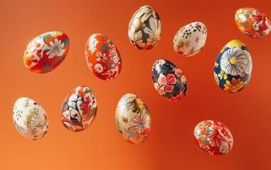 Floating Easter eggs with metallic finishes and bold floral designs on a radiant orange background