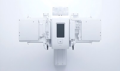 White technological device components disassembled, overhead view.