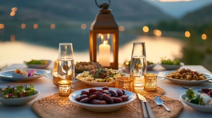 ramadan iftar table, a classic iftar spread features dates, water, and an array of dishes on a stunning table illuminated by cozy lanterns