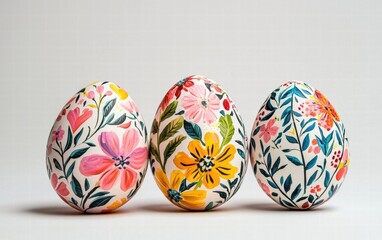 Floating hand-painted eggs with intricate floral patterns on a bright white background