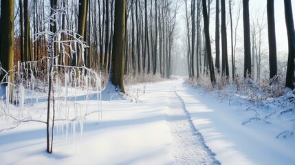 Snowy forest path with frost-covered trees and soft sunlight.