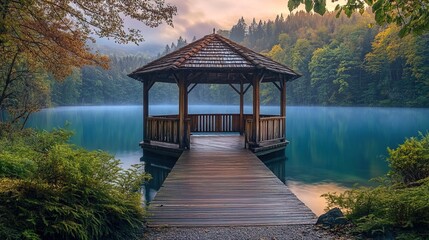 Fototapeta premium Tranquil Lake Scenery Wooden Gazebo