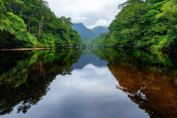 A tranquil river reflecting the surrounding forest, with soft ripples on the water's surface