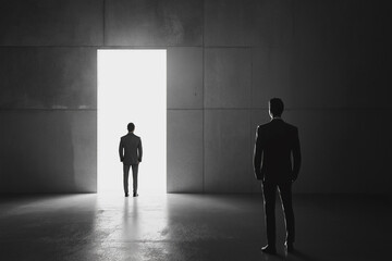Obraz premium Two men stand in a dimly lit room with a bright doorway symbolizing choice and opportunity