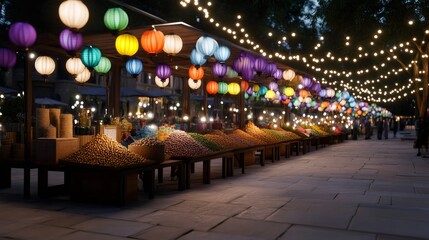 Obraz premium festive night market, ramadan market bustling at night with stalls selling dates, lanterns, spices, under colorful lights