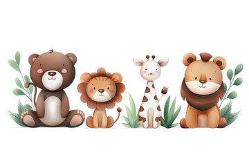 Obraz premium Cute cartoon animals including bear, lion, giraffe, and lion cub