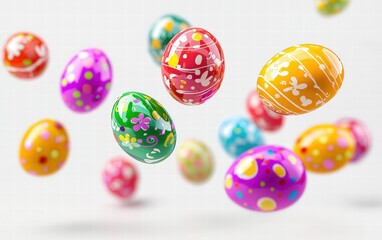Glossy painted Easter eggs in vibrant spring colors, floating mid-air on a clean white background