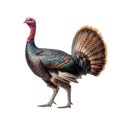 Fototapeta premium a vividly colored turkey standing in profile. displaying its iridescent plumage and characteristic features. including a red wattle and fan-shaped tail the clean white background emphasizes the turkey