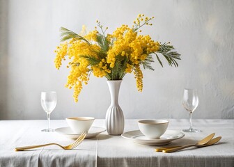 Minimalist Easter Table Setting with Mimosa Flowers