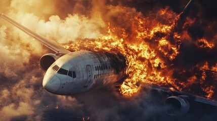 Fototapeta premium A large airplane is fully engulfed in flames and smoke in a dramatic emergency situation. The aircraft appears to be on the ground, suggesting a major incident has occurred