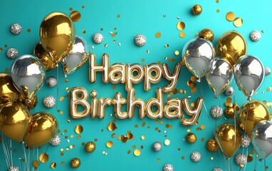 Levitating 3D Happy Birthday text surrounded by metallic gold and silver balloons on a vivid turquoise backdrop