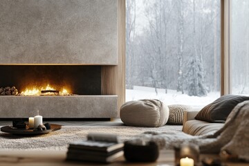 Fototapeta premium cozy winter living room with crackling fireplace decorated with neutral tones and soft textures