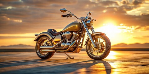 Fototapeta premium Minimalist Golden Motorcycle: Sleek Chrome & Sunset Reflections