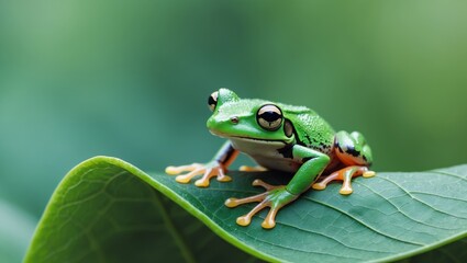 Obraz premium A green frog sitting on top of a green leaf.