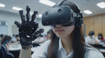 A student experiences virtual reality with a sophisticated headset and an advanced robotic hand in a lively classroom setting filled with peers, enhancing learning through technology