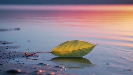 A single leaf laying on the shore of a lake at sunset