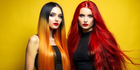 Naklejka premium Two friends showcase vibrant hair colors against a striking yellow backdrop, expressing individuality and style during a creative session together