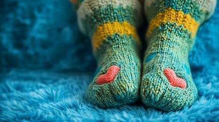 Cozy knitted green socks with heart motifs on blue background