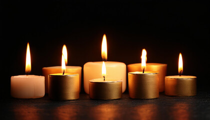 warm glowing candles casting light on black background