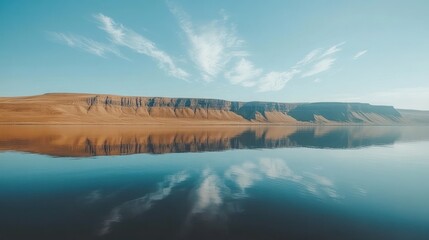 Serene lake reflecting a dramatic, tan-colored mountain range under a pale blue sky with wispy clouds.