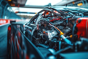 creative shot of race car engine bay mechanical details intricate with track softly blurred behind