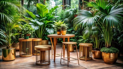 Fototapeta premium Minimalist Metal Garden Furniture in Tropical Orangery - Greenhouse Cafe Concept