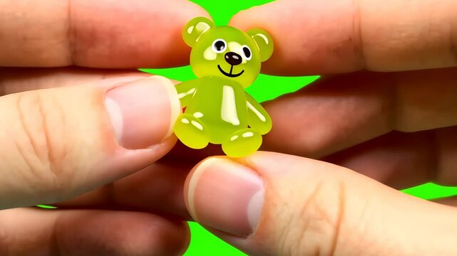 Squeezing Happiness: A tiny, translucent green gummy bear toy is held gently between two hands, its cheerful smile radiating a sense of childlike joy and playfulness.  