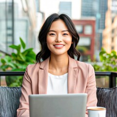A woman in a pink jacket is sitting in front of a laptop computer