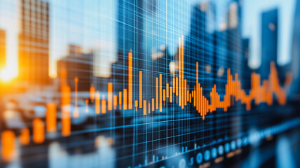Financial Market Trends:  Dynamic graph overlaying a cityscape at sunset, symbolizing growth and opportunity in the global financial markets.