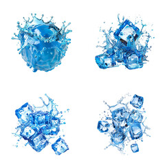 four blue ice splashes isolated cutout on background, summer science technology winter