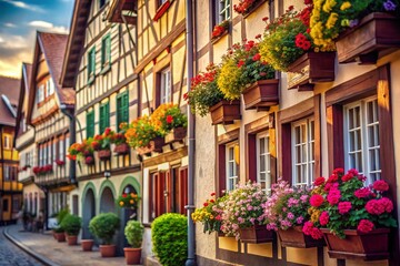 Fototapeta premium Minimalist Photography: Charming Houses & Flowers in Bad Wimpfen, Germany