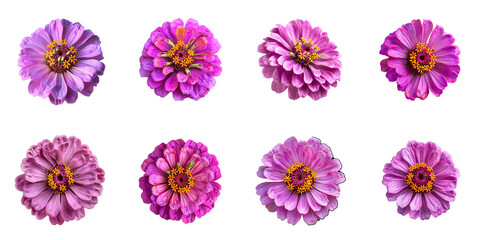 set isolated zinnia flower cutouts on background, bright vibrant colorful cheerful