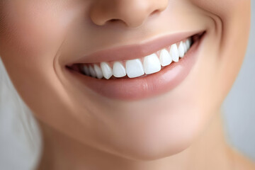 A detailed close-up of a womanA's smile, with perfect skin, isolatedd on a grey background.