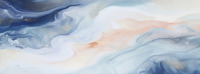 Obraz premium Close-up view of a polished marble slab, highlighting intricate beige, golden and white, blue veins creating a luxurious and elegant pattern