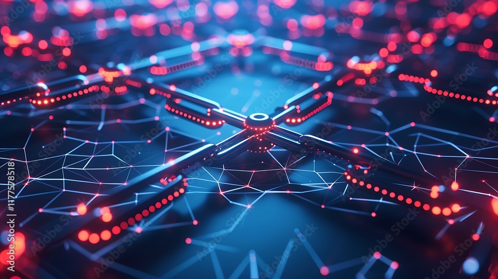 Poster abstract representation of a blockchain network, with interconnected nodes and glowing lines on a da