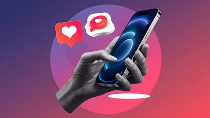 A contemporary art collage of a hand holding a modern smartphone. There's a red heart social media badge floating above the hand and the phone.