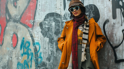 Street fashionista posing in a stylish urban outfit, with a mix of casual and trendy pieces against...