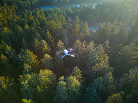 A drone flies over a forest, conducting forest inspections. This new technology enhances forest management efficiency by utilizing drones for wood management.