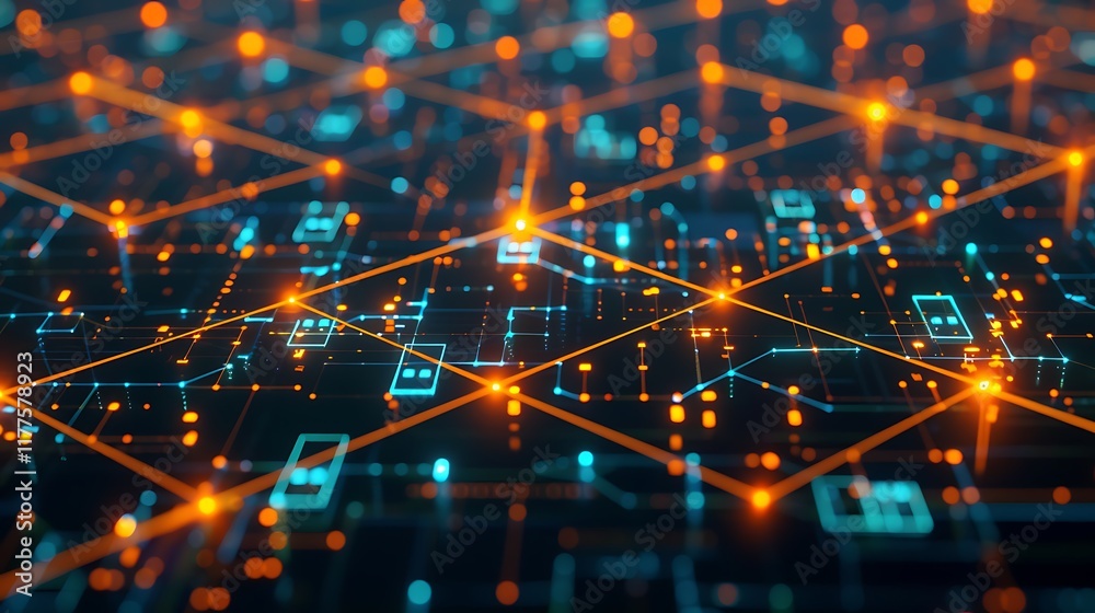 Poster abstract representation of a blockchain network, with interconnected nodes and glowing lines on a da