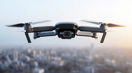 A drone hovering in the air, capturing aerial views of a cityscape.
