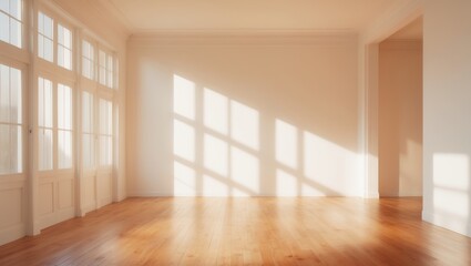 Bright Sunlit Room with Large Windows and Polished Wooden Floor