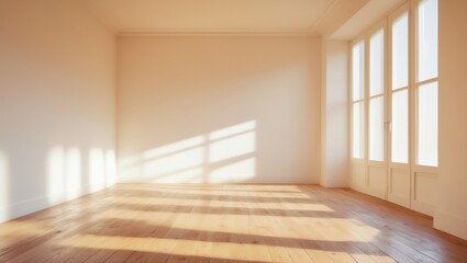 Bright Sunlit Room with Large Windows and Polished Wooden Floor