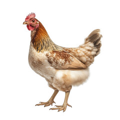 Fototapeta premium standing chicken with a distinctive feather pattern and a prominent comb. showcasing its natural colors and textures the focus is on the chicken's form and details. making it suitable for educational