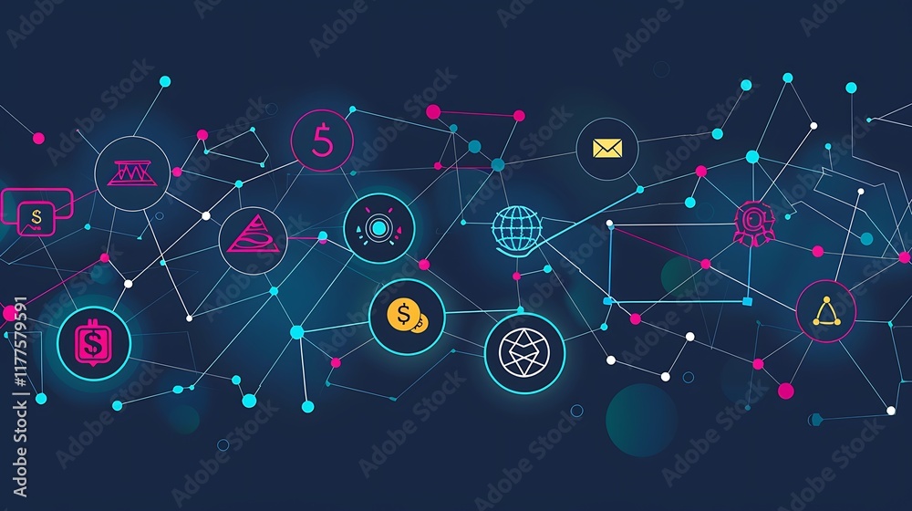 Poster abstract representation of a decentralized autonomous organization with interconnected digital nodes