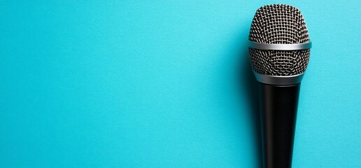 Microphone on blue background, podcasting concept