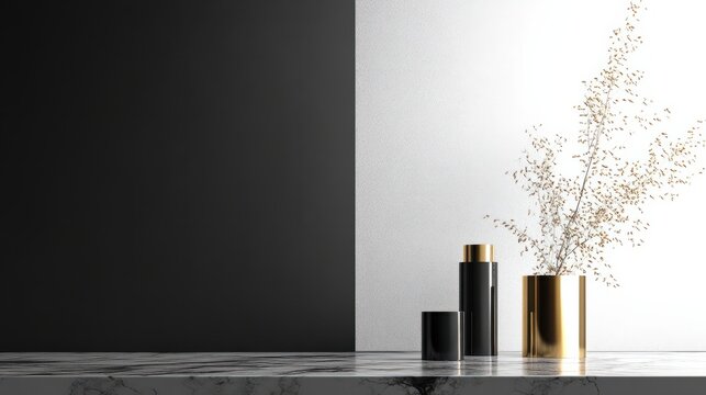 Creative poster for a luxury brand, featuring minimalistic design with gold accents and a monochrome backdrop,