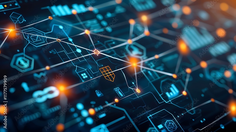 Poster abstract representation of decentralized finance with various financial icons connected by blockchai
