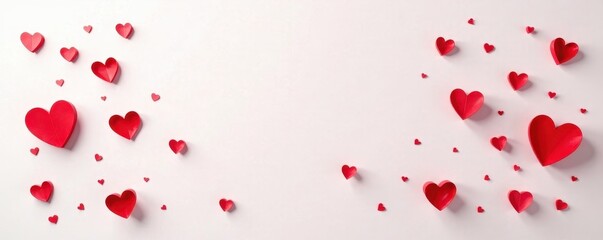 Scattered red hearts on white backdrop, minimalist design, pattern, design