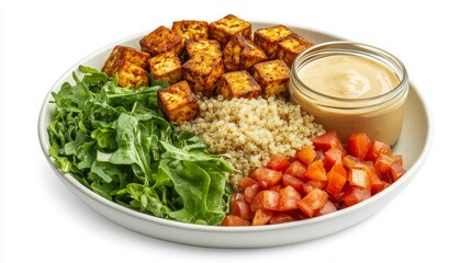 A healthy meal featuring seasoned tofu, quinoa, fresh greens, tomatoes, and a dipping sauce.